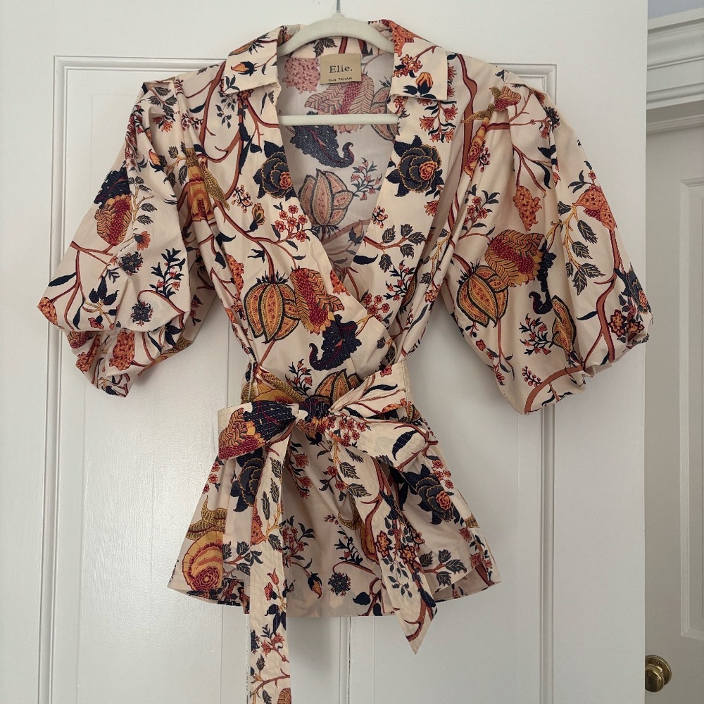 Elie Tahari Floral Print Puff Sleeve Wrap Blouse